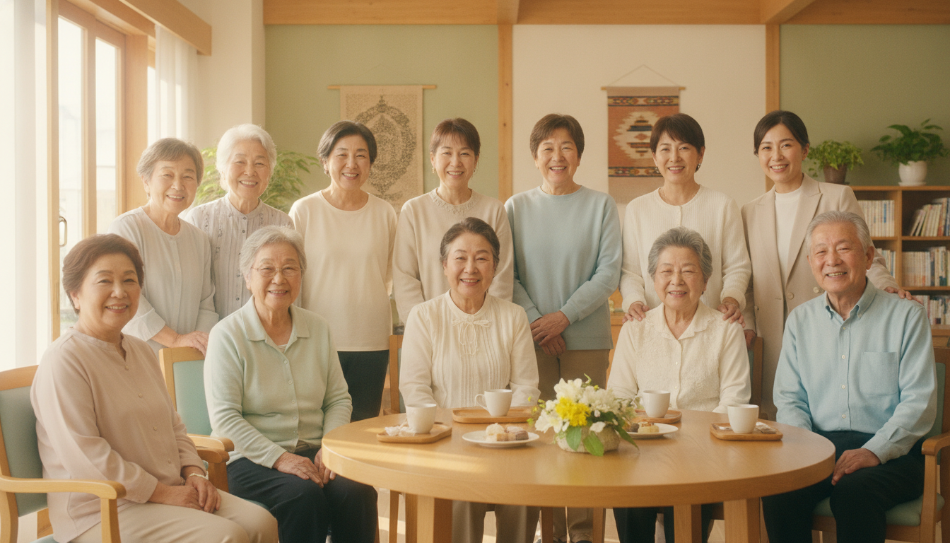 明るい部屋に集まって笑顔で過ごすシニアと家族のみなさん