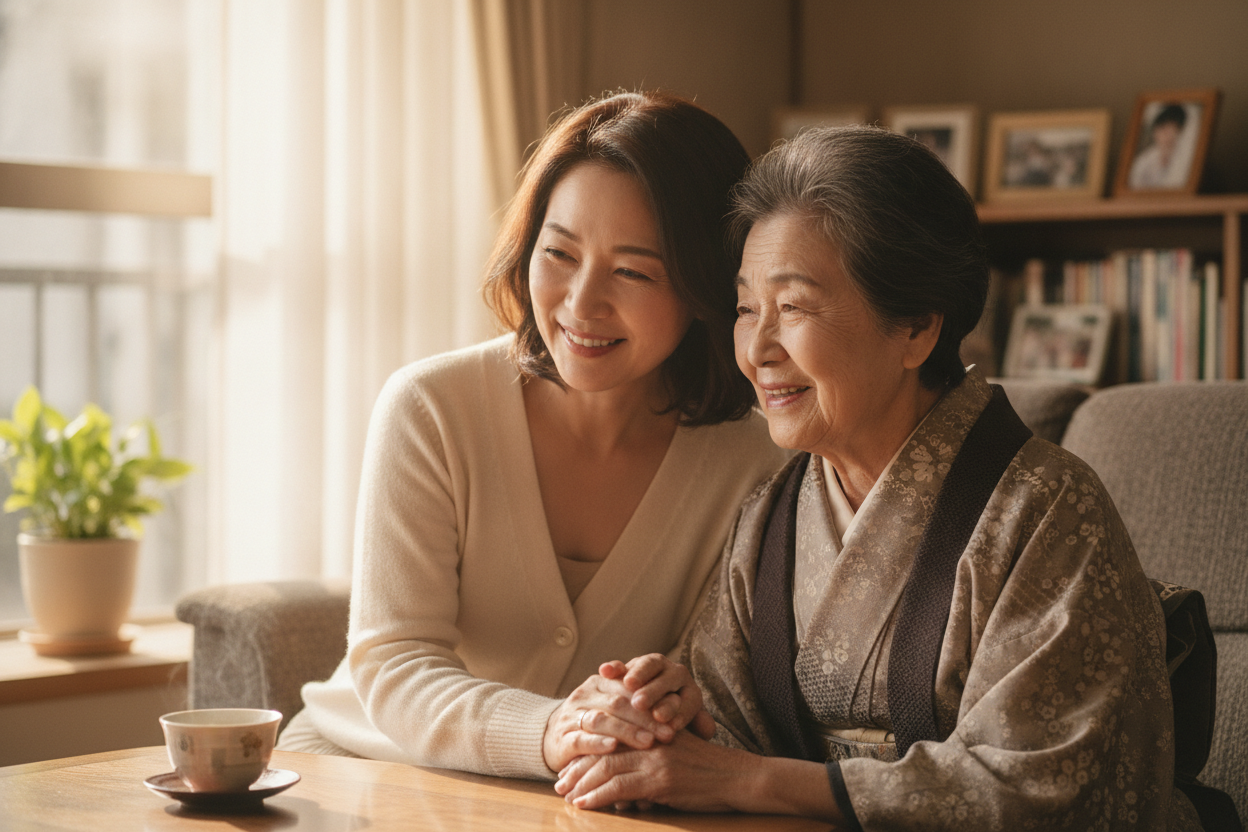 手を取り合って笑顔で寄り添う母娘
