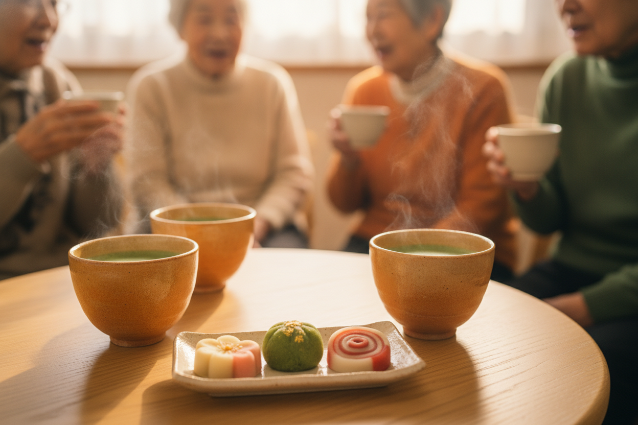 お茶とお菓子を囲むひだまりお茶会の様子